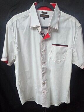 Perruzo Short Sleeve Button Down White With Red Green Italian Trim Size L Mens
